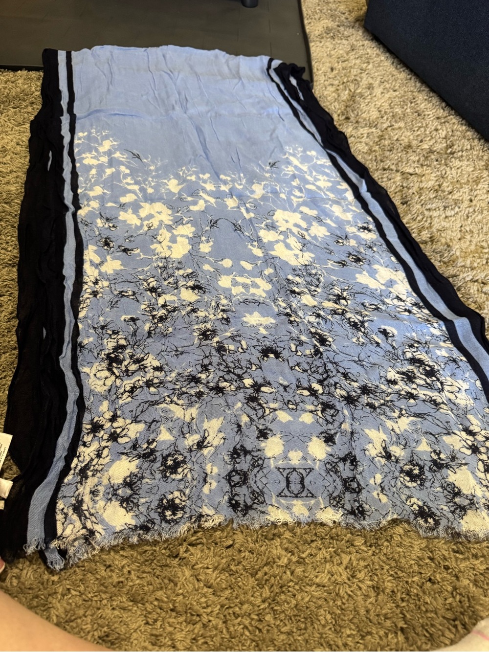 Talbots Blue Floral Oblong Scarf 100% Viscose Frayed Edge Layering Shawl